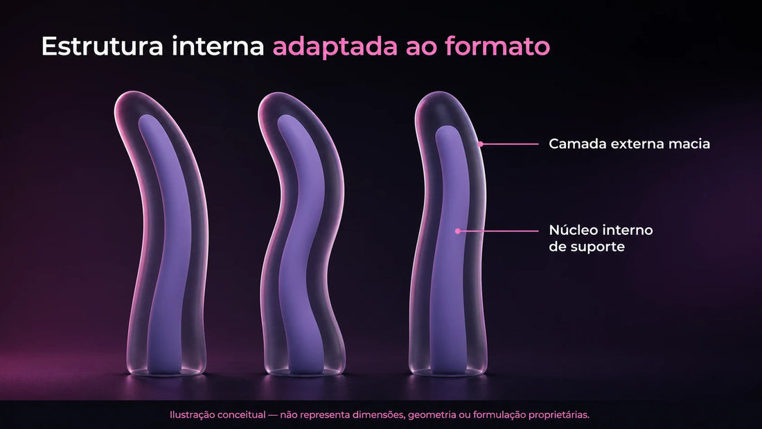 Ilustração conceitual de três estruturas internas curvas, com camada externa macia e núcleo interno de suporte.